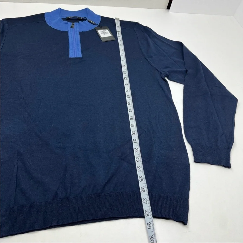 Bugatchi Quarter Zip 100% Merino Wool XL Navy Blue Long Sleeve Sweater NEW *FLAW